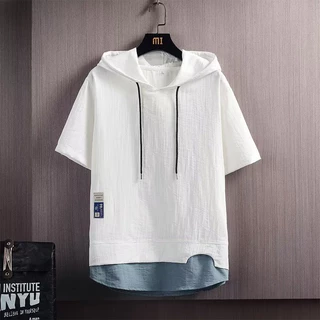 Áo Hoodie nửa tay M-3XL Ice Silk Áo thun nam mùa hè Thanh niên nửa tay màu trơn có mũ trùm đầu nửa tay Top Học sinh trung học Áo Hoodie hợp thời trang mùa hè