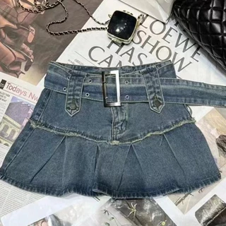 Jiashucheng Chân Váy Denim Xếp Li Phong Cách Retro Thời Trang Mùa Hè Dành Cho Nữ