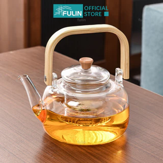 Bình Trà Bằng Thủy Tinh Chịu Nhiệt Trong Suốt Với Tay Cầm Bằng Tre Dung Tích 1000ml