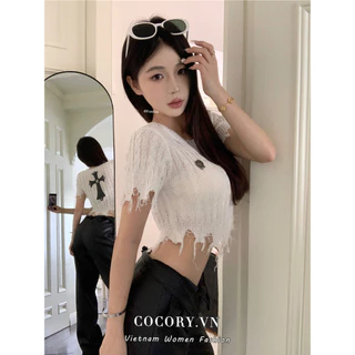 Cocorygirl Áo Thun Dệt Kim Tay Ngắn Dáng Ôm Phối Tua Rua Thời Trang Mùa Hè Quyến Rũ Cho Nữ