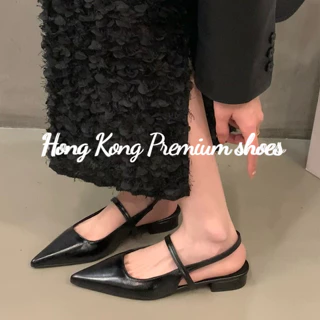 Hong Kong Premium shoes❥(^_-)Xăng đan Mũi Nhọn Màu Đen Đế Bằng Thời Trang Mùa Hè Phong Cách Pháp