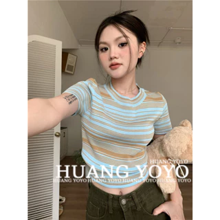 kumikumi Áo Thun Crop Top Tay Ngắn Cổ Tròn Họa Tiết Kẻ Sọc Thời Trang Mùa Hè Hàng Mới 2023 Dành Cho Bạn Nữ