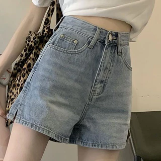 Jiashucheng Quần Short Jean Ống Rộng Xẻ Tà Đơn Giản Dễ Phối Đồ Thời Trang Xuân Hè Cho Nữ