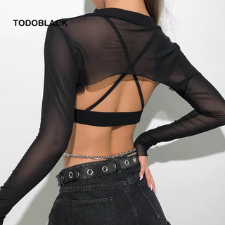 TODOBLACK Áo Croptop Tay Dài Vải Lưới Màu Đen Xuyên Thấu Gợi Cảm