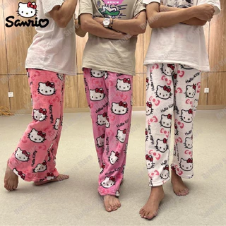 SANRIO Quần Ngủ Dài Bằng Vải Flannel Mềm Mại Họa Tiết Hello Kitty Dễ Thương Cho Nữ Y2k