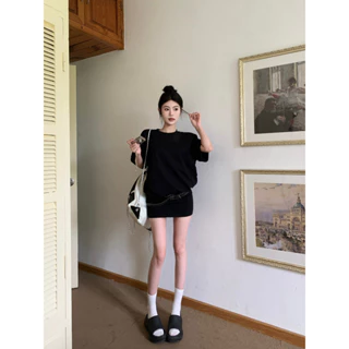 Black female summer short-sleeved dress loose low pockets hip temperament short skirt show thin skirt