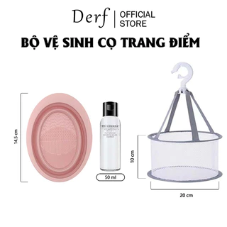 Bộ ba dụng cụ giặt cọ trang điểm và mút trang điểm Derf gồm thảm giặt cọ, 50ml dung dịch giặt cọ và lưới phơi cọ