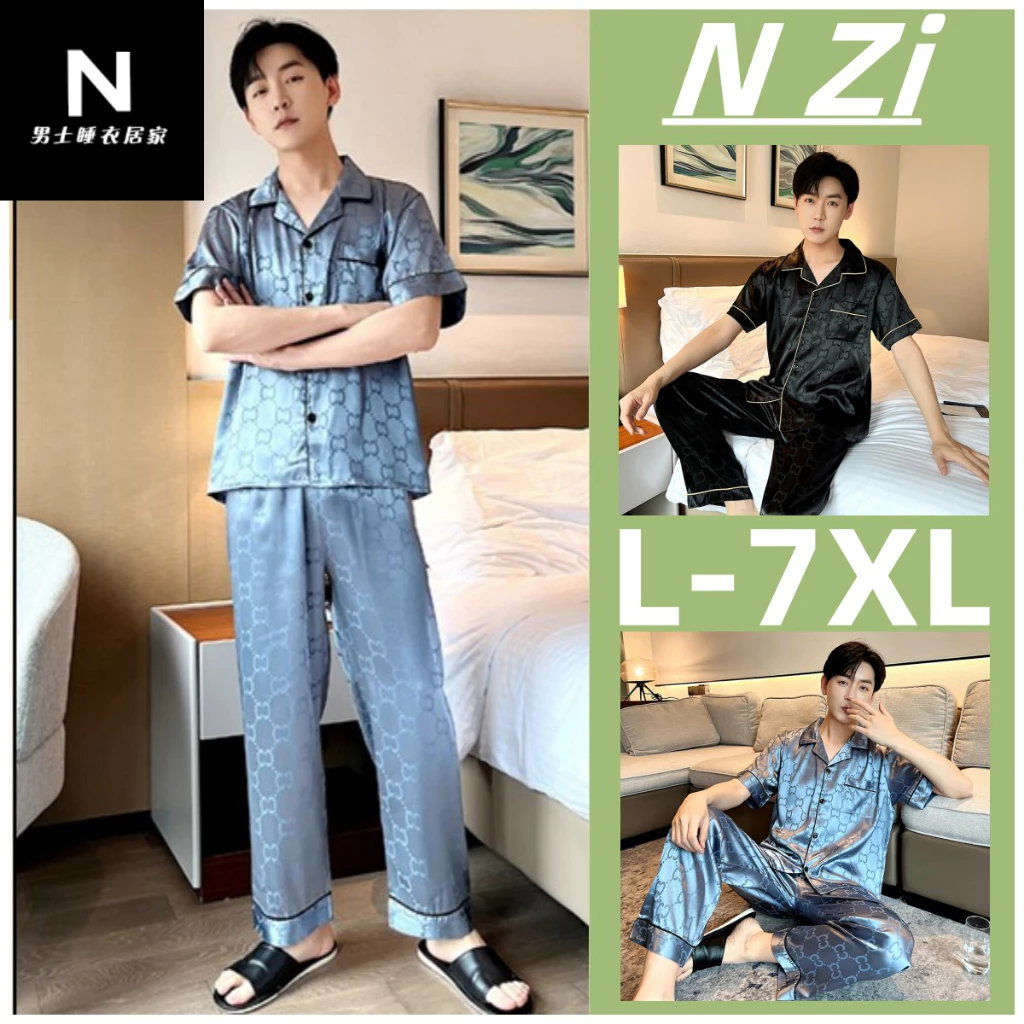 Bộ Đồ Ngủ Tay Ngắn Bằng Lụa Satin Plus size L-7XL Dành Cho Nam