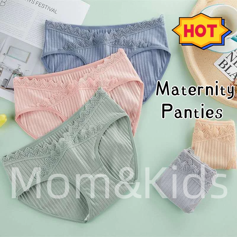 Mom&Kids Ready Stock Quần Lót Cotton Lưng Thấp Phối Ren Không Đường May Nâng Bụng Cho Mẹ Bầu