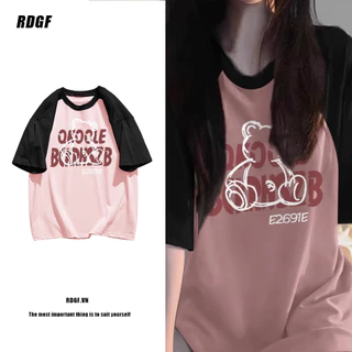 Áo Thun Cotton Raglan Tay Ngắn Dáng Rộng In Họa Tiết Gấu Màu Đen / Hồng Thời Trang Cho Nữ