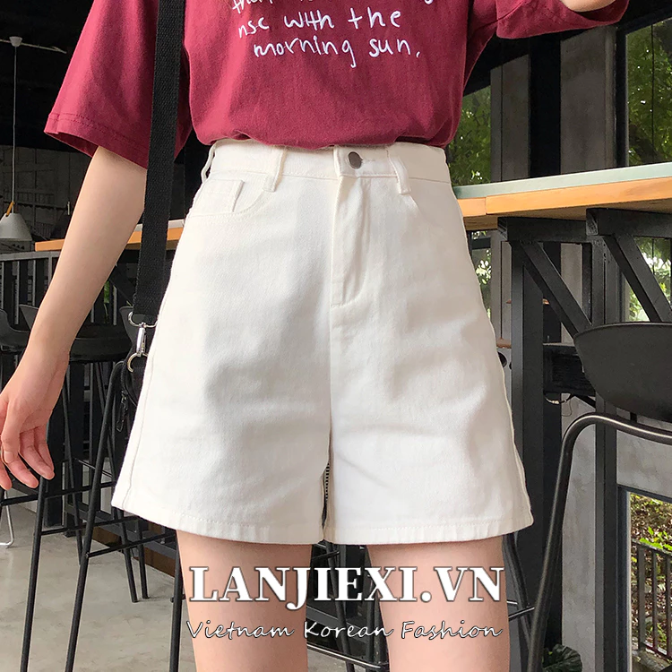 LANJIEXI Quần Short Denim Lưng Cao Ống Rộng Phong Cách Hàn Quốc Dành Cho Nữ