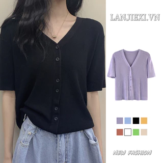 LANJIEXI Áo Cardigan Dệt Kim Ngắn Tay Dáng Rộng Lưng Cao Thời Trang