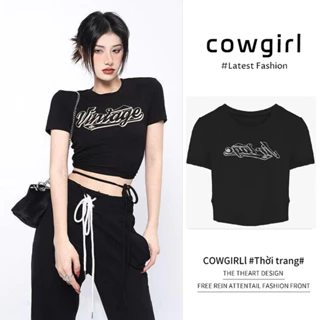 SUOMENG Áo croptop áo thun baby tee nữ âu mỹ chất cạp cao Cổ tay ngắn in họa tiết vintageJU2729