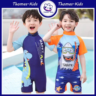 [THOMAS KIDS] Bộ Đồ Bơi Liền Thân Ngắn Tay Chống Nắng In Hoạt Hình Khủng Long Thời Trang Mùa Hè Cho Bé Trai 3-12 Tuổi