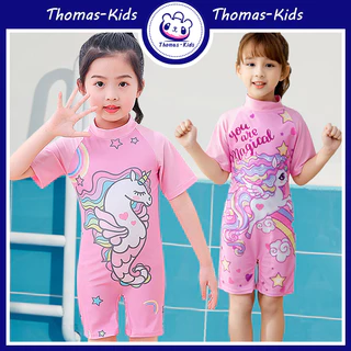 [THOMAS KIDS] Bộ Đồ Bơi Một Mảnh Tay Ngắn Chống Nắng In Hình Cá Ngựa Hoạt Hình Màu Hồng Thời Trang Mùa Hè Cho Bé Gái 3-12 Tuổi