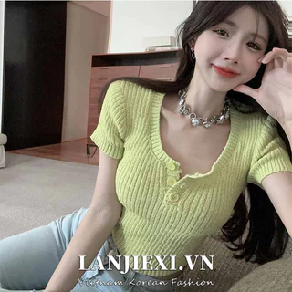 LANJIEXI Áo Croptop Dệt Kim Tay Ngắn Lưng Cao Quyến Rũ Thời Trang Cho Nữ