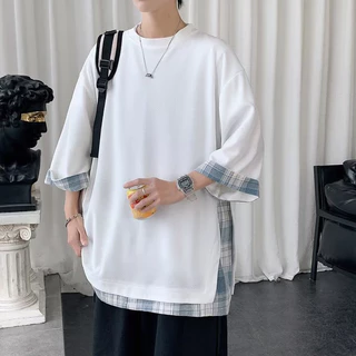 【M-5XL】Áo Thun Ngắn Tay Giả Hai Lớp Cỡ Lớn Phong Cách Hàn Quốc Cho Nam áo Thun Trắng áo Thun Cotton áo Nam Form Rộng áo Mùa Hè áo Phông Nam đẹp