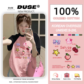 「DUSE」Áo Thun 100% cotton Tay Ngắn Cổ Tròn In Họa Tiết Hoạt Hình Phong Cách Hàn Quốc Cho Nam Và Nữ