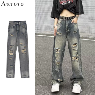 Quần jean nữ rách gối unisex  from rộng Quần bò rách gối oversize quần baggy rách street style quần jean nam đen rách gối phong cách Hàn Quốc quần jean ống rộng