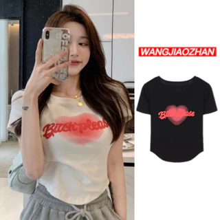 【WANG JIAO ZHAN】 Áo croptop thun tay ngắn có in chữ thời trang cho nữ【6706】