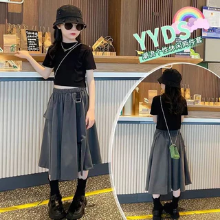 Lemon-tree 2-15y girl's skirt suit 2023 summer new high waist slim dark work dress váy dài a-line váy công chúa sinh viên hàn quốc