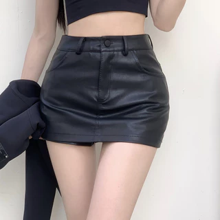 Quần Culottes Da PU Lưng Cao Màu Trơn Phong Cách Retro Mỹ Cho Nữ