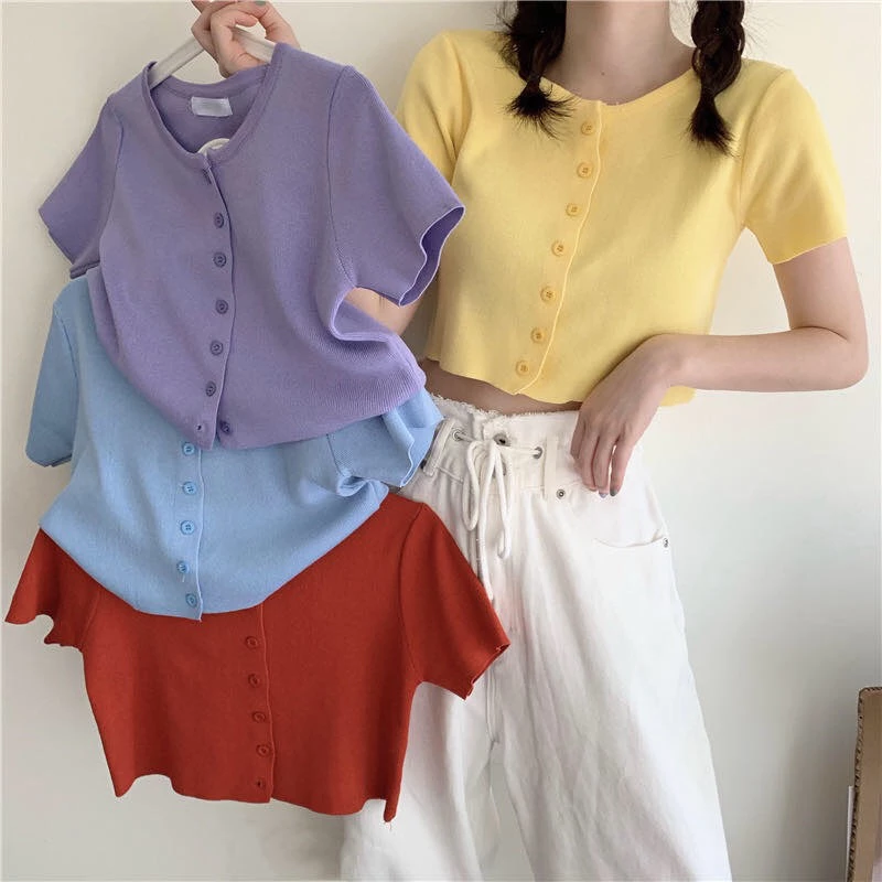 Áo Khoác Cardigan Ngắn Mỏng Tay Cổ Tròn Dáng Ôm Cài Nút Nhiều Màu Sắc Tùy Chọn Cho Nữ