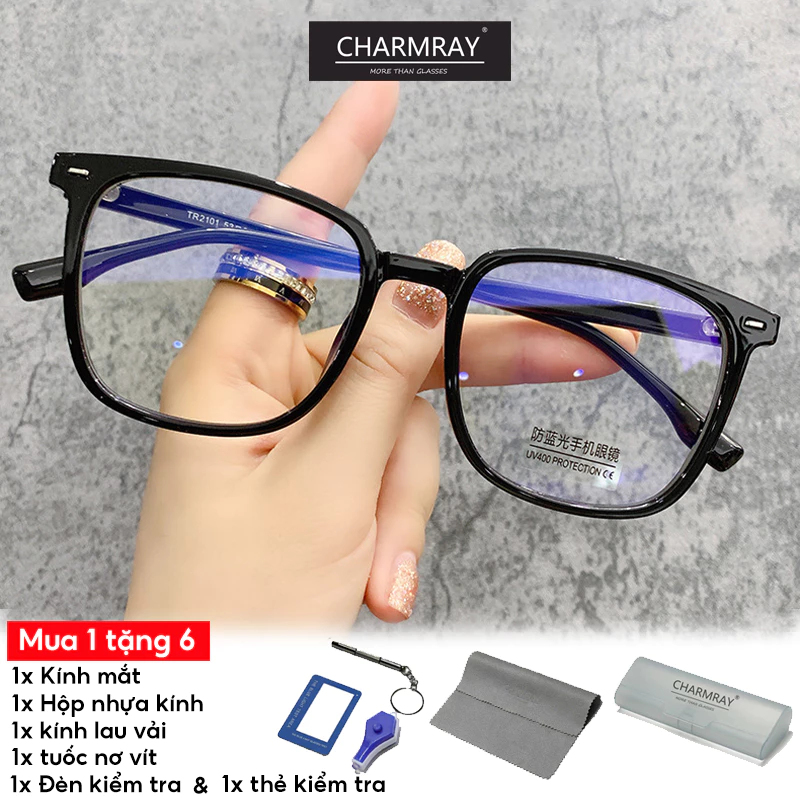 Mắt kính CHARMRAY gọng vuông chống ánh sáng xanh TR90 thời trang cho nam và nữ