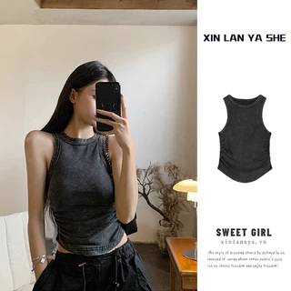 Xin LAN YA SHE Áo Vest Racerback Màu Giặt Và Giảm Căng Thẳng Phong Cách Retro Hàn Quốc Cho Nữ