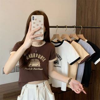 【WANG JIAO ZHAN】Áo Croptop Tay Ngắn Cổ Tròn Màu Sắc Tương Phản Thời Trang Cho Nữ【9957】