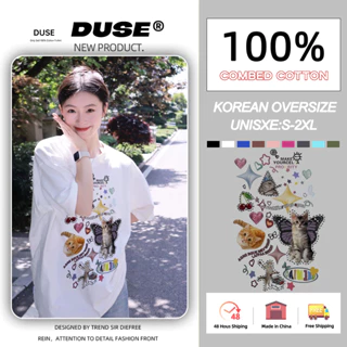「DUSE」Áo Thun 100% cotton Tay Ngắn Cổ Tròn In Hình Mèo Con Phong Cách Hàn Quốc Cho Nam Và Nữ