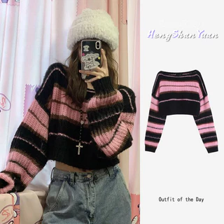 Áo Sweater Cổ Tròn Tay Dài Dáng Rộng Hở Vai Họa Tiết Kẻ Sọc Thời Trang Thu Đông Cho Nữ