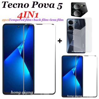 (4in1) Dành cho kính cường lực Tecno Pova 5 Pova 5 Pro Pova 6 Pro FilmTecno Pova 4 3 4 Pro 2 chiếc kính cường lực toàn màn hình Phim bảo vệ màn hình + phim mặt sau bằng sợi carbon + ống kính máy ảnh f