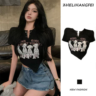 ZHELIHANGFEI Áo Thun Croptop Ngắn Tay In Họa Tiết Hoạt Hình Phong Cách Hong Kong Cho Nữ