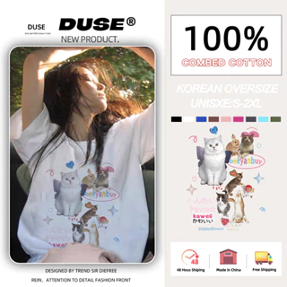 「DUSE」Áo Thun 100% cotton Tay Ngắn Cổ Tròn In Hình Mèo Phong Cách Hàn Quốc Cho Nam Và Nữ