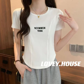 [Lovey.house] Thiết kế xương cá Cảm giác ngọt ngào Cay cong viền in hình Áo thun nửa tay giảm tuổi hàng đầu mùa hè phong cách phương Tây Tuổi