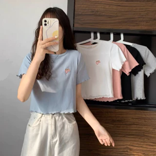 【WANG JIAO ZHAN】 Áo croptop thun ngắn thêu họa tiết xinh xắn dành cho bạn nữ【6773】