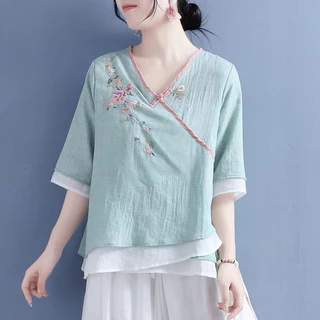 Áo Sơ Mi cotton Viền Viền Màu Sắc retro Trung Hoa Cổ V Tay Lửng Thời Trang Cho Nữ 2023