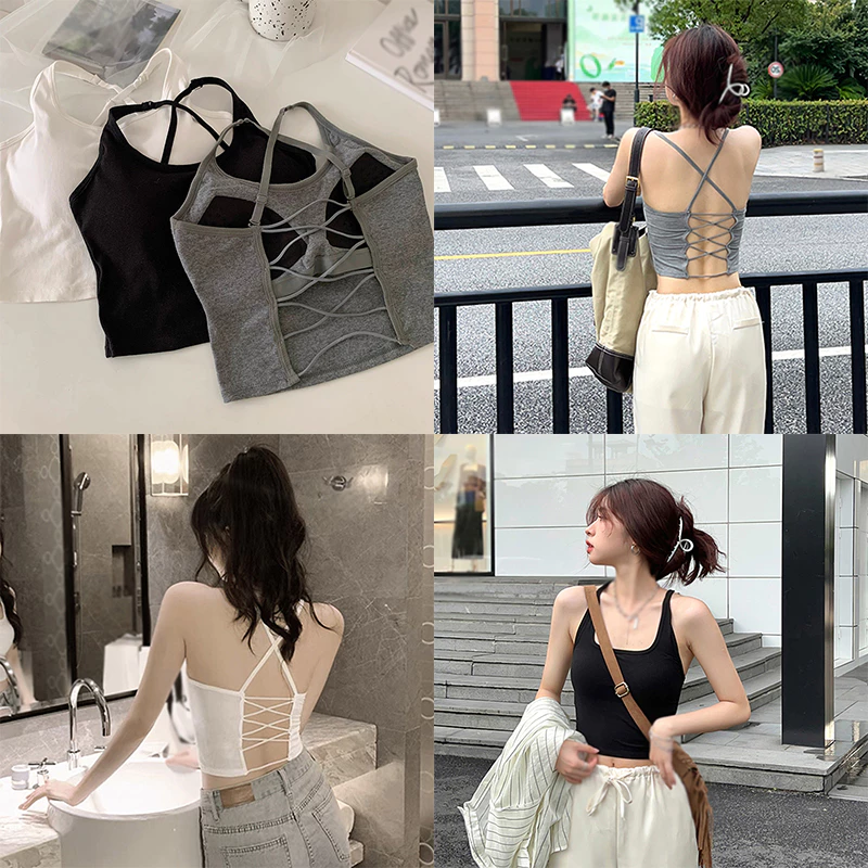 Áo Croptop Hai Dây Mỏng Màu Sắc Trơn Có Đệm Ngực Gợi Cảm Cho Nữ