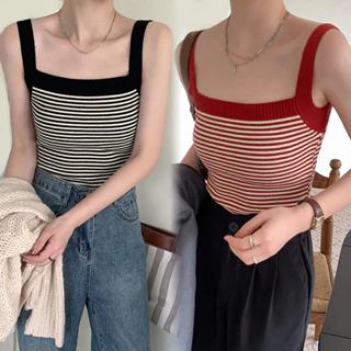 【WANG JIAO ZHAN】 Áo tank top Đan Với Áo crop top Sọc Cổ Điển【2896-2】