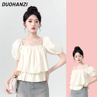 DUOHANZI Áo Sơ Mi Ngắn Tay Cổ Vuông Hở Vai Thời Trang Dành Cho Nữ