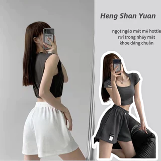 Quần short thể thao HENG SHAN YUAN vải waffle mỏng kiểu chữ A dáng rộng ống rộng cạp cao thoáng khí mùa hè cho nữ