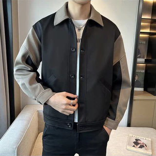 Fashion Áo Jacket Nam Tay Dài Đánh Vần Màu Phong Cách Hàn Quốc Nút Bấm Dáng Rộng Màu Sắc Đơn Giản Thoải Mái Hù Hợp Chất Nỉ Bông Cao Cấp Vòng Cổ Gấp Áo Khoác Nam