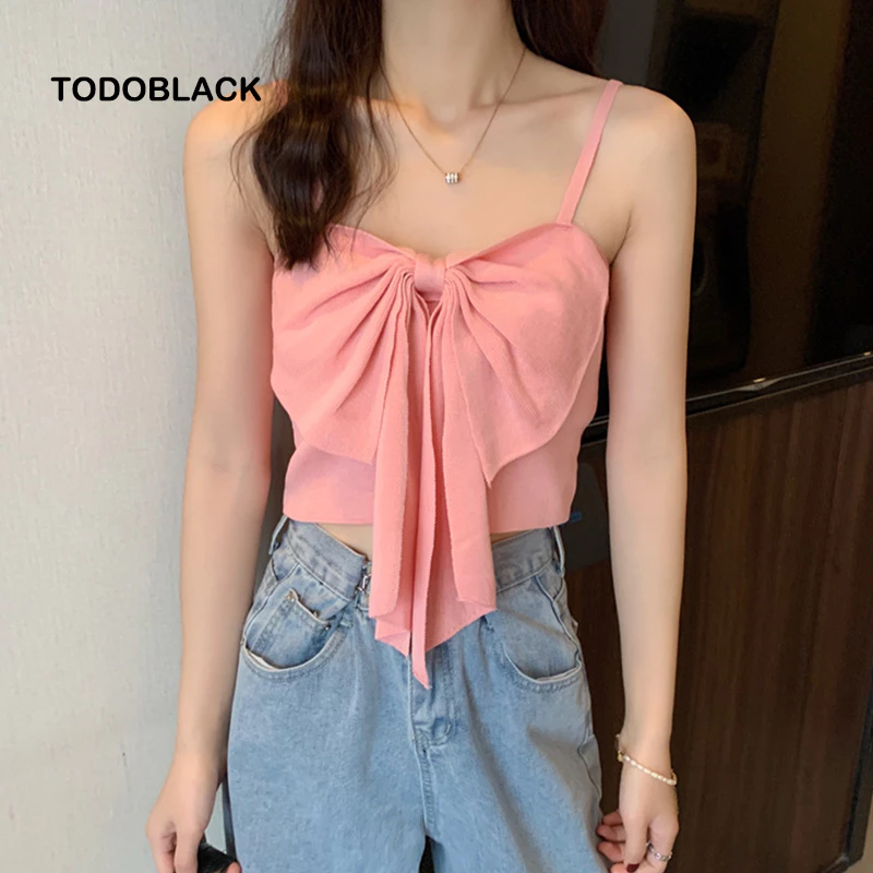 TODOBLACK Áo Croptop Dệt Kim Dáng Ôm Đính Nơ Thời Trang Mùa Hè Cho Nữ