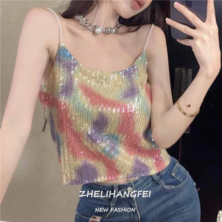 ZHELIHANGFEI Pure Desire Sweet Girl Áo Hai Dây Ngắn Đính Kim Sa Màu Gradient Gợi Cảm Sang Trọng Cho Nữ Niche