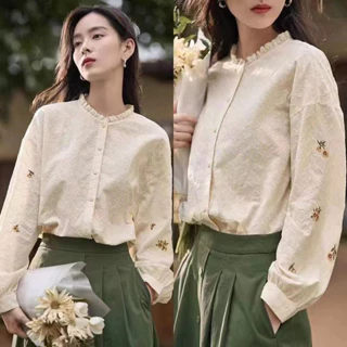 Áo Sơ Mi Cotton Dài Tay Phối Ren Thêu Hoa Phong Cách Hàn Quốc Baju Baju Wanita Lengan Panjang