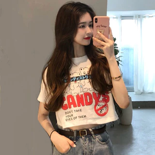 【WANG JIAO ZHAN】Áo croptop Thun Lửng Tay Ngắn Dáng Ôm Thời Trang Quyến Rũ Cho Nữ【960】