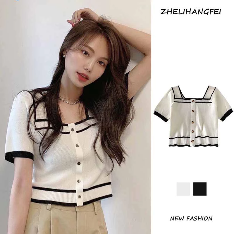 ZHELIHANGFEI Áo croptop tay ngắn cổ vuông dáng ôm thời trang trẻ trung cho nữ