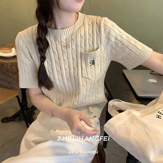 ZHELIHANGFEI Áo Sweater Tay Ngắn Dáng Rộng Lưng Cao Thời Trang Cá Tính Cho Nữ