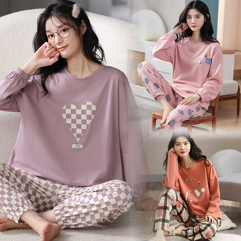 Bộ Đồ Ngủ 2 Món Vải cotton Tay Dài Cổ Tròn Lưng Thun Co Giãn Tốt Plus size M-5XL Thời Trang Cho Nữ